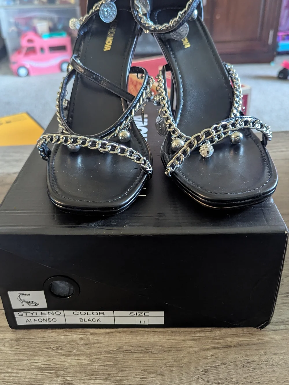 Fashion Nova Black Chain-Accent Heel Sandals